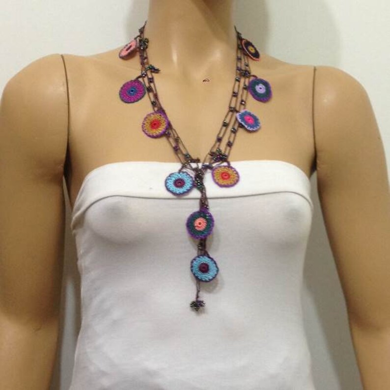 Multi-color Blue Round Crochet beaded OYA Flower lariat necklace with Brown String image 1