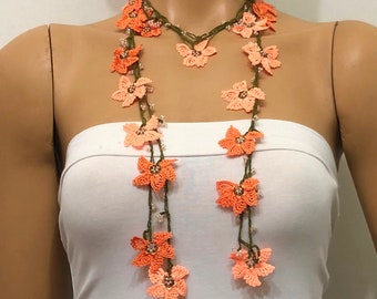 Salmon and Orange  Crochet beaded flower lariat necklace with beads