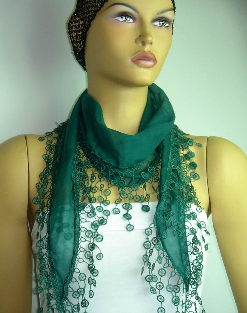 St Patricks Scarf EMERALD Green Scarf with lace fringe edge mothers day scarf image 4