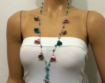 Pink Beige and Teal Crochet oya TULIP lace necklace with turquoise stones