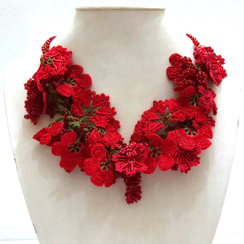 Pomegranate RED with Red Grapes Crochet OYA Lace Necklace