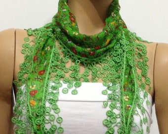 GREEN Cotton scarf with RED flowers printed with green fringes