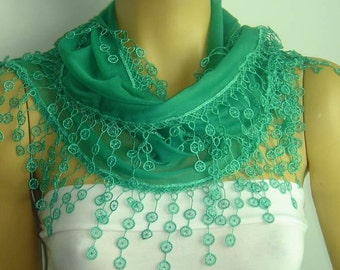 Paris Green cotton scarf lace fringe - triangle lace scarf - mint scarf