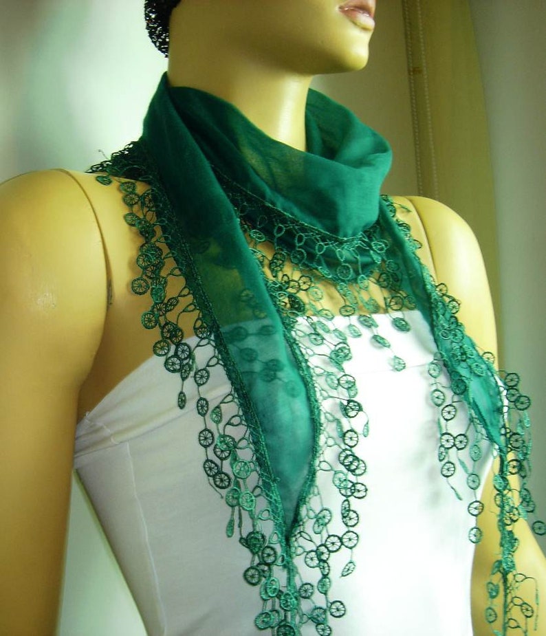 St Patricks Scarf EMERALD Green Scarf with lace fringe edge mothers day scarf image 3