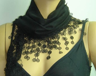 BLACK cotton scarf - lace fringe