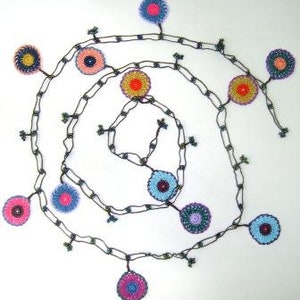 Multi-color Blue Round Crochet beaded OYA Flower lariat necklace with Brown String image 3