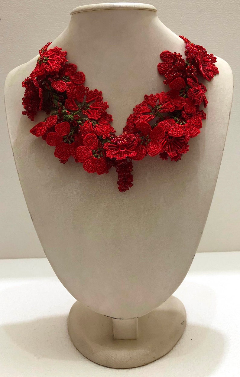 Pomegranate RED with Red Grapes Crochet OYA Lace Necklace