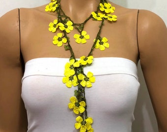 Bright Yellow Crochet beaded flower lariat necklace with beads - Crochet Accessory - Turkish Crochet Oya - OYA Turkish Crochet Lace jewelry