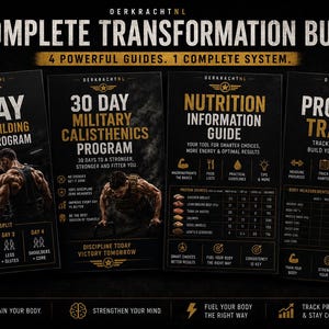 Paquete completo de transformación física | Programa de 4 días para ganar masa muscular + Reto de calistenia de 30 días + Guía de nutrición + Seguimiento del progreso