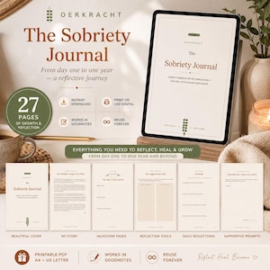 Könnte beinhalten: Ein digitales Nüchternheitstagebuch auf einem Tablet-Bildschirm und als gedruckte Seiten. Das Journal hat einen cremefarbenen Hintergrund mit braunem Text, einschließlich des Titels The Sobriety Journal, 27 Seiten zur Reflexion sowie Vorlagen für tägliche Reflexionen, Meilensteine und unterstützende Notizen.