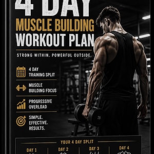 4 Day Muscle Building Workout Plan | Beginner Gym Training Program | Strength Training PDF | Digital Fitness Guide | Workout Routine