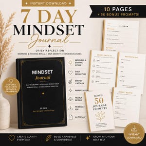 7 Day Mindset Journal Printable | Daily Reflection Journal | Self Growth Workbook | Guided Journal PDF | Instant Download