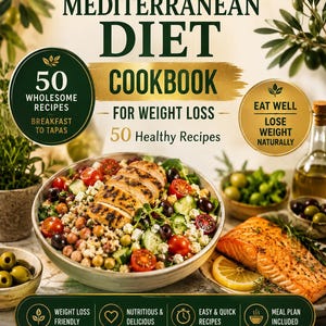 May include: The Mediterranean Diet Cookbook for Weight Loss features a bowl of salad with grilled chicken, cherry tomatoes, olives, and chickpeas. The cover includes text about 50 wholesome recipes, weight loss, and meal plans with olive branch accents.