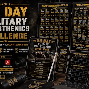 Könnte beinhalten: Ein digitales Planer-Set für eine 60-tägige militärische Calisthenics-Challenge mit schwarzen und goldenen Grafiken. Enthält Trainingspläne für Phase eins und zwei, einen wöchentlichen Essensplaner sowie Makro- und Fortschritts-Tracker.