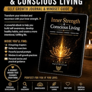 Op de afbeelding: Een digitaal eBook getiteld Inner Strength & Conscious Living, met een stralende gouden lotusafbeelding op een zwarte achtergrond. De promotietekst vermeldt 9 hoofdstukken, reflectieoefeningen en persoonlijke verhalen voor zelfgroei.