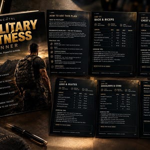 May include: A Military Fitness Planner book with a black cover featuring a person with a backpack, alongside several open pages displaying workout routines, exercise tips, and a progress tracker. The text includes titles like Back & Biceps, Chest & Triceps, Legs & Glutes, and Shoulders & Core.