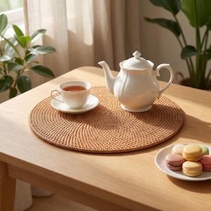 Puede incluir: Una tetera y una taza de té de porcelana blanca están sobre un salvamanteles redondo de ratán tejido. Una pequeña placa de macarons de colores también está sobre la mesa de madera clara, iluminada por la luz natural.