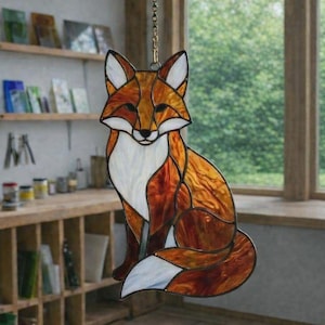 Puede incluir: Atrapasoles de cristal con diseño de zorro, colgado de una cadena. El zorro presenta tonos de naranja, marrón y blanco, con un diseño detallado. El atrapasoles está suspendido frente a una ventana.