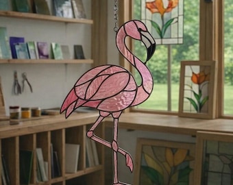 Mönster av solfångare i målat glas med flamingomotiv, mönster av flamingo i målat glas