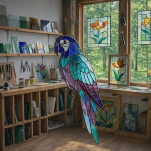 May include: A colourful stained glass parrot in shades of blue, teal, and purple hangs from a chain. The bird's design is composed of geometric shapes. The background shows a workshop with stained glass art and a window with floral stained glass panels.