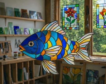 Mönster av solfångare i målat glas med fisk, mönster av fisk i målat glas