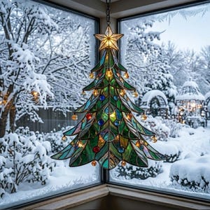 Op de afbeelding: Een gebrandschilderde kerstboomvormige kroonluchter hangt voor een besneeuwde winterscène. De boom is groen met kleurrijke juwelen en een verlichte ster bovenop. De achtergrond toont met sneeuw bedekte bomen en een prieel.