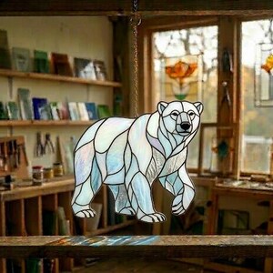 May include: A stained glass polar bear suncatcher. The bear is white with iridescent accents and black details. It is hanging from a chain. The bear is walking with its head up. The background is a workshop.