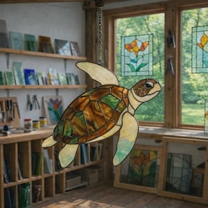 May include: A stained glass turtle with a brown, green, and cream-colored shell hangs from a chain. The turtle's head and flippers are cream-colored. The background shows a workshop with shelves of glass and framed stained glass panels.