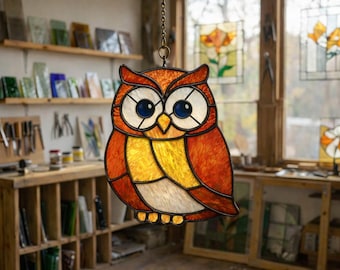 Mönster för solfångare i målat glas med uggla, nybörjarvänligt (PDF-nedladdning)