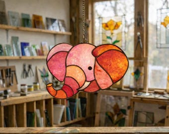 Mönster för solfångare av elefant i målat glas, nybörjarvänligt (PDF-nedladdning), djur i målat glas