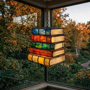 Op de afbeelding: Een unieke hanglamp in de vorm van een stapel kleurrijke boeken. De lamp heeft een ketting om op te hangen en is gemaakt van glas-in-lood in tinten blauw, oranje, groen en geel. De lamp hangt voor een raam met uitzicht op bomen.