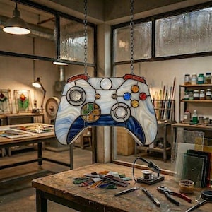 May include: A stained glass pendant light shaped like a video game controller. The controller features a white and blue marbled design with colorful buttons and accents. It hangs from chains in a workshop setting.
