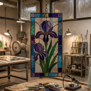 以下が含まれることがあります： 2輪の紫色のアイリスの花と緑の葉が描かれた長方形のステンドグラスパネル。青、紫、ターコイズブルーのガラス片で縁取られています。金属製のチェーンで吊り下げられており、複雑な鉛線によるガラス構造が特徴です。