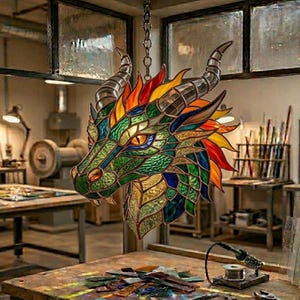 May include: A hanging stained glass dragon head lamp featuring a vibrant colour palette of green, orange, yellow, and blue glass segments. The dragon has two prominent curved horns and is suspended by a metal chain, showcasing intricate leaded glass craftsmanship.