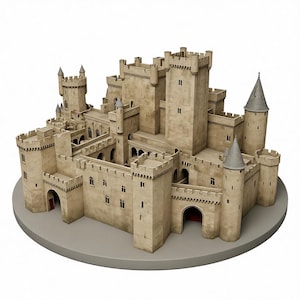 May include: A detailed model of a medieval castle, featuring multiple towers, battlements, and arched entryways. The castle is constructed from a light tan material and sits on a circular base. The design includes various architectural details.