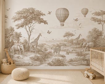 Neutral Safari Toile Wallpaper: Peel and Stick Nursery Wall Mural