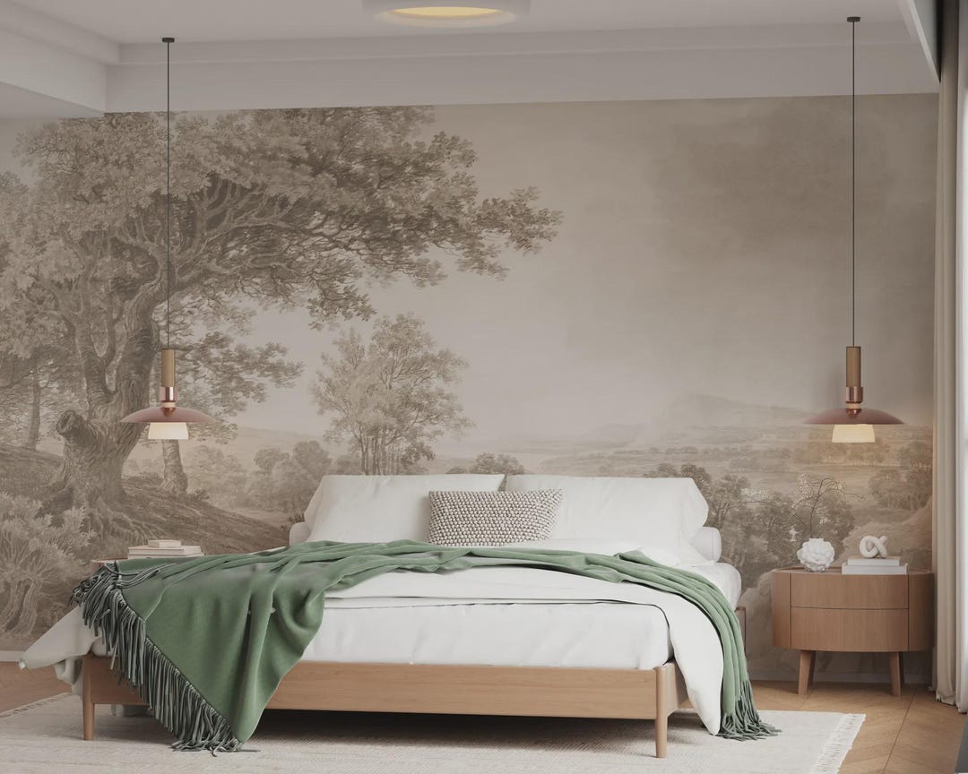 Vintage Tree Landscape Wallpaper: Peel and Stick Wall Mural - Etsy