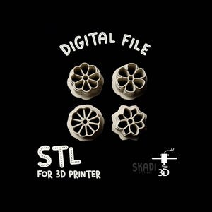Könnte beinhalten: Vier blütenförmige 3D-Drucker-STL-Dateien auf schwarzem Hintergrund. Der Text "DIGITAL FILE" ist über den Blüten angeordnet. Der Text "STL FOR 3D PRINTER" steht darunter. Das Logo "SKADI CUTTERS 3D" befindet sich rechts.