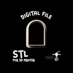 Könnte beinhalten: Beige, bogenförmige STL-Datei für den 3D-Druck, vor schwarzem Hintergrund. Die Wörter "DIGITAL FILE" und "STL FOR 3D PRINTER" sind in weißer, gepunkteter Schrift geschrieben. Das Skadi Cutters-Logo ist ebenfalls sichtbar.