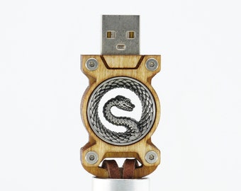 Clé USB 3.1 en bois, 16/32/64/128/256/512 Go, avec insert tunnels auriculaires en forme de serpent argenté et bracelet en cuir véritable.