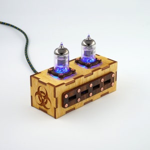 Wooden Pentode Electron Vacuum Tubes 4 ports USB 2.0 HUB with biohazard sign. Industrial/Steampunk style