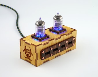 Wooden Pentode Electron Vacuum Tubes 4 ports USB 2.0 HUB with biohazard sign. Industrial/Steampunk style