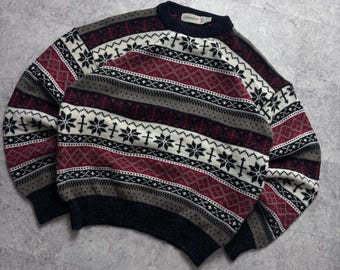 Maglione vintage St. John Nordic Knit, nero, grigio, bordeaux, con motivo geometrico, pullover retrò unisex, taglia L