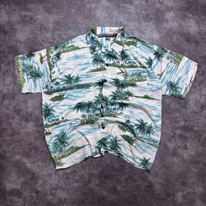 Vintage Rayon Hawaiian Shirt with Palm Print – Pineapple Connection, Aqua Green, Medium