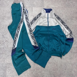 Op de afbeelding: Een groenblauw en wit trainingspak bestaande uit een jack met rits en een bijpassende broek. Het jack heeft een wit bovenstuk en een groenblauw onderstuk met een klein logo. Beide kledingstukken zijn voorzien van een witte zijstreep met merknaam.