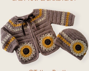 Sunflower Crochet Baby Cardigan and Hat Set, baby clothes set, sunflower crochet cardigan and hat, crochet sunflowers, baby shower gift
