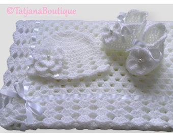 Crochet Baby Blanket, Hat and Booties Set, white crochet baby hat and booties, white crochet blanket, crochet flowers, baby shower gift