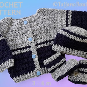 May include: A crochet pattern for a baby cardigan, hat, and booties set. The set is in gray and navy blue, with blue buttons on the cardigan. The text "CROCHET PATTERN" and "3 - 6 m" are visible.