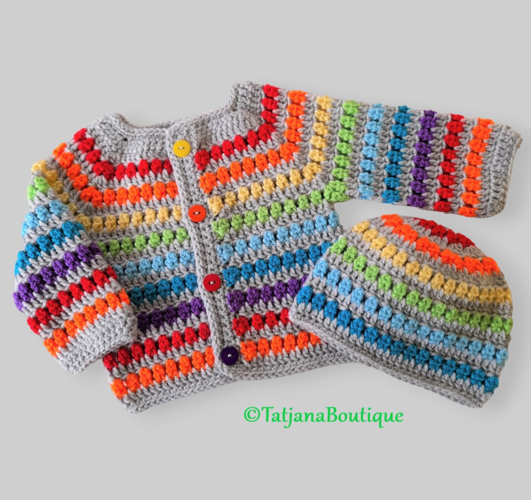 Crochet Pattern Baby Rainbow Cardigan and Hat, Rainbow Crochet Cardigan ...