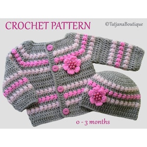 Crochet Pattern Baby Cardigan Hat, baby crochet cardigan pattern, baby sweater cardigan hat crochet pattern, crochet flower pattern, PDF #64